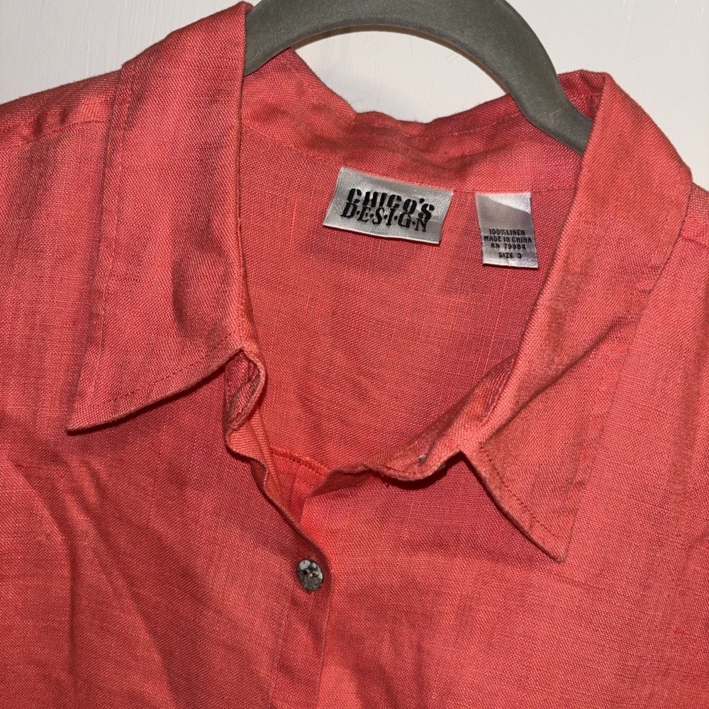 Women' s Chico's Design  Coral Linen Button Down Long Sleeve Shirt Size 3